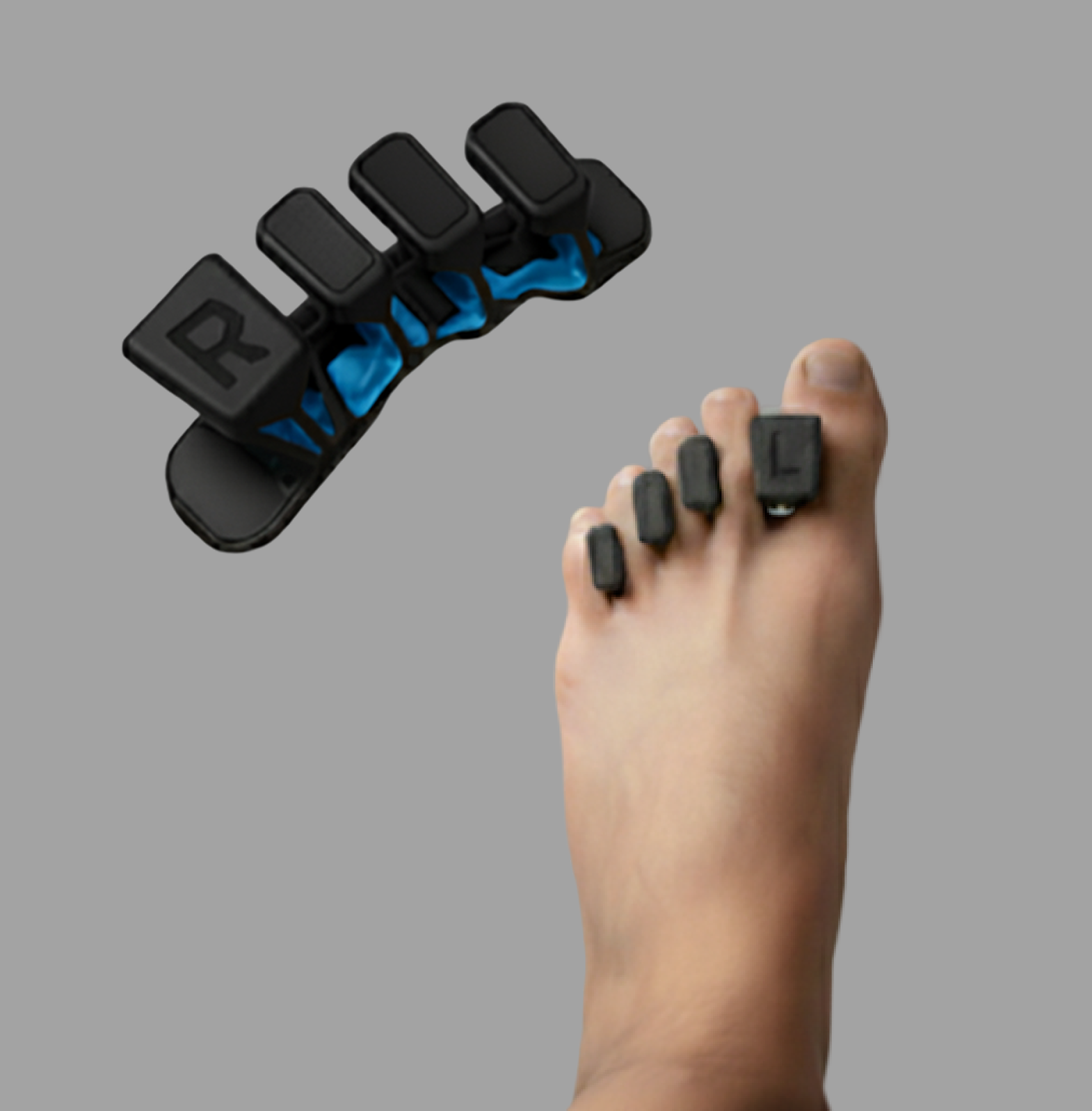 Custom toe spacers on foot showing proper toe alignment